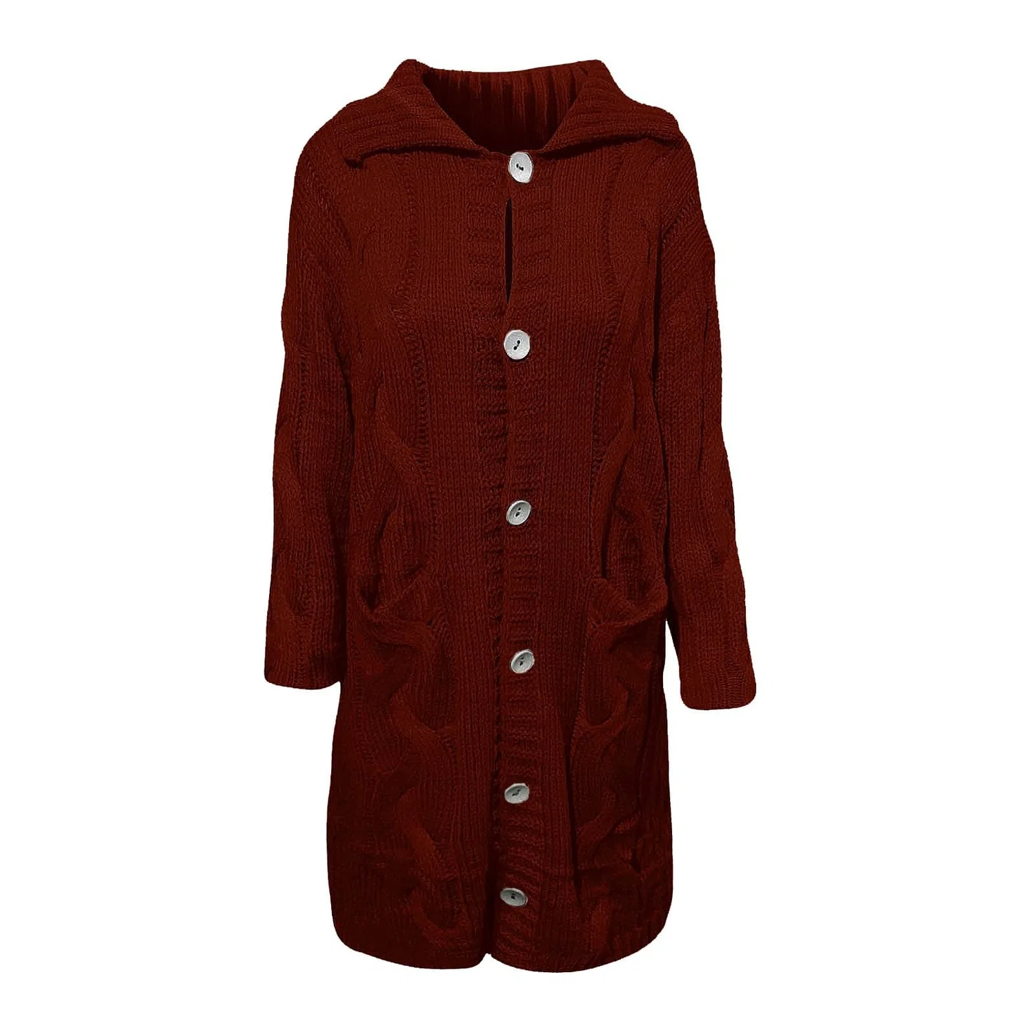 Женский кардиган с пуговицами из объемной вязки, Oversized Long Solid Color Stand Collar Casual Jackets, Wine — фото 2