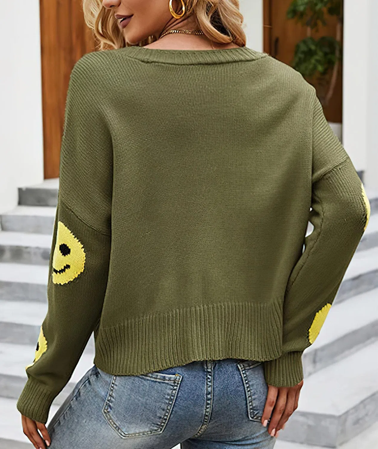 Женское вязаное пальто-кардиган с принтом Daisy Cute Cute Smiling Graphic, 01 Verde militare — фото 3