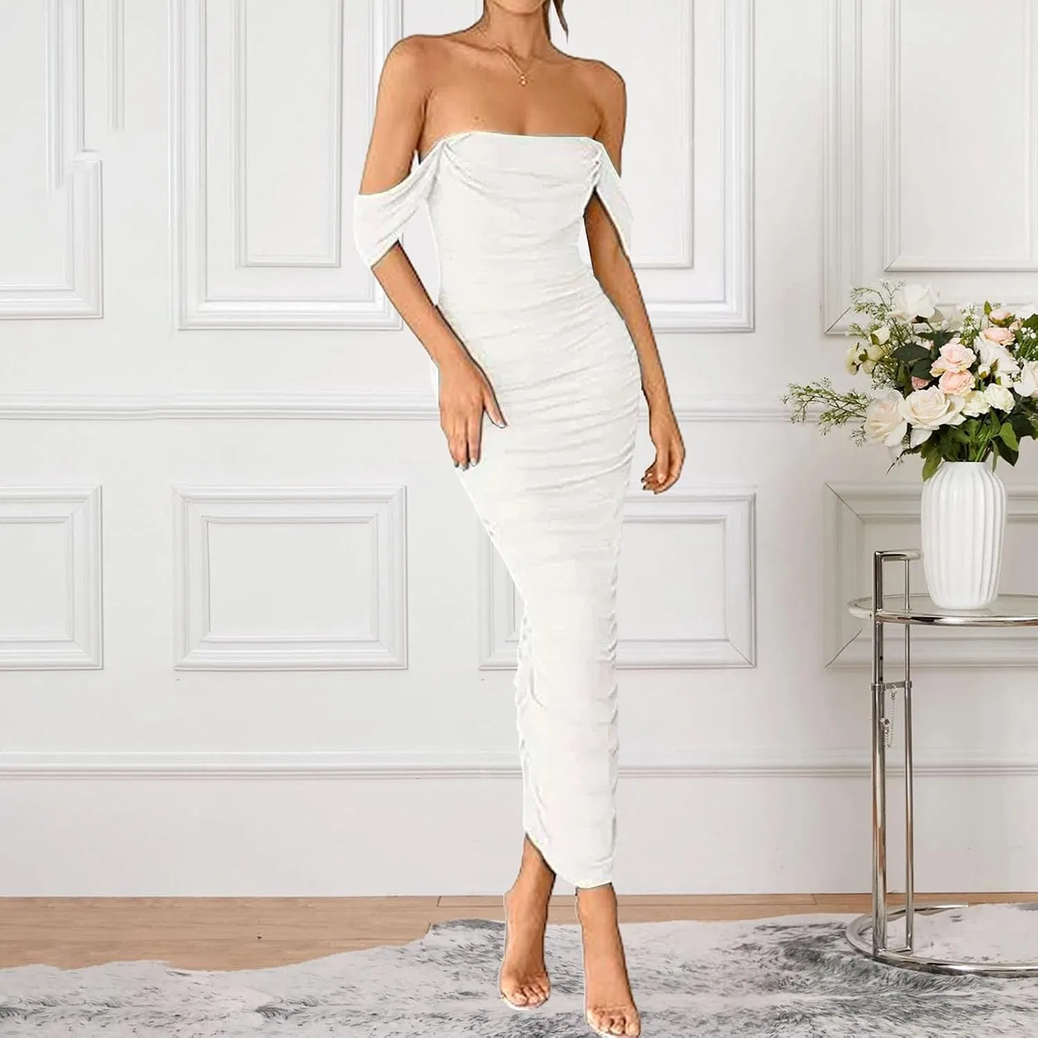 Женское вечернее платье макси корсет Off The Shoulder, White — фото 3
