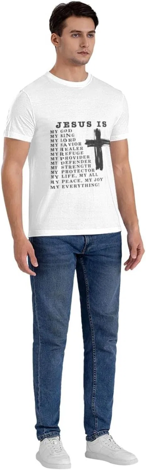 Мужская футболка с принтом Letter Print Regular Fit, Jesus is My God My King My Savior Christian Black — фото 3
