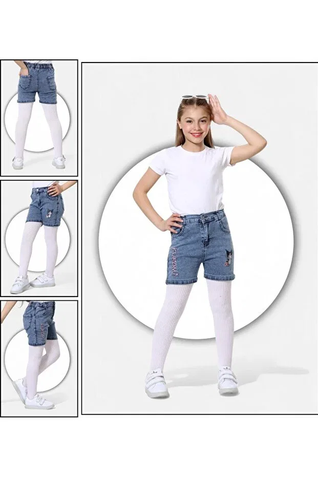 Детские шорты для девочек с вышивкой Kuromi Embroidered-Cotton-Snow Washed-Half Elastic-Shorts For Girls Modiclas, Blue