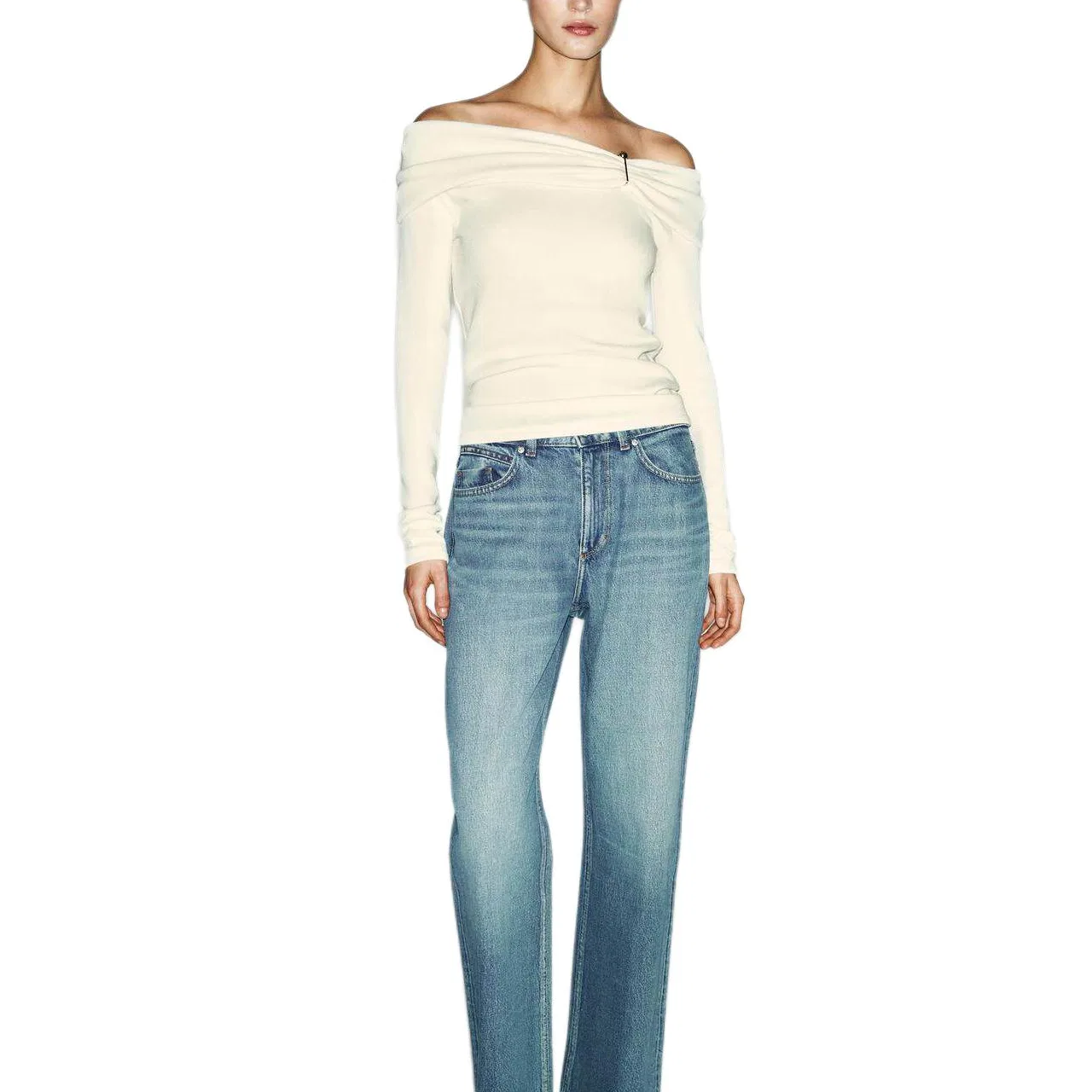 Женская футболка с лодочкой, хлопковая, Raw White, ZARA — фото 3