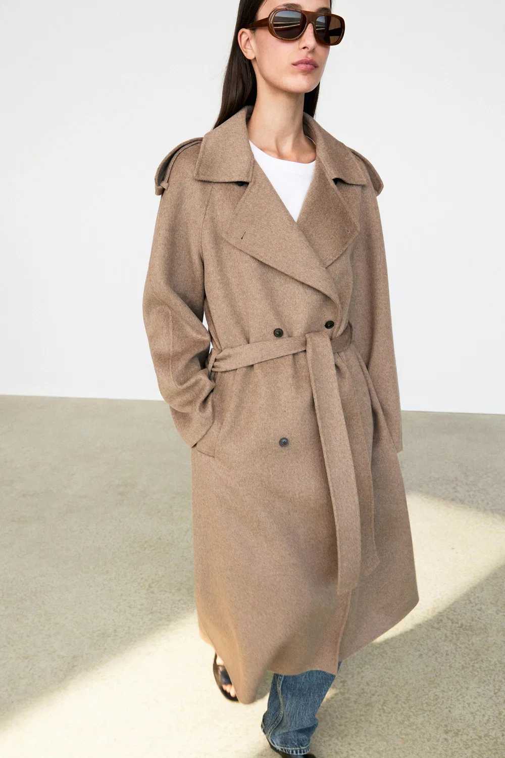 Тренч Massimo Dutti Long Wool Blend Coat , серо-коричневый — фото 3