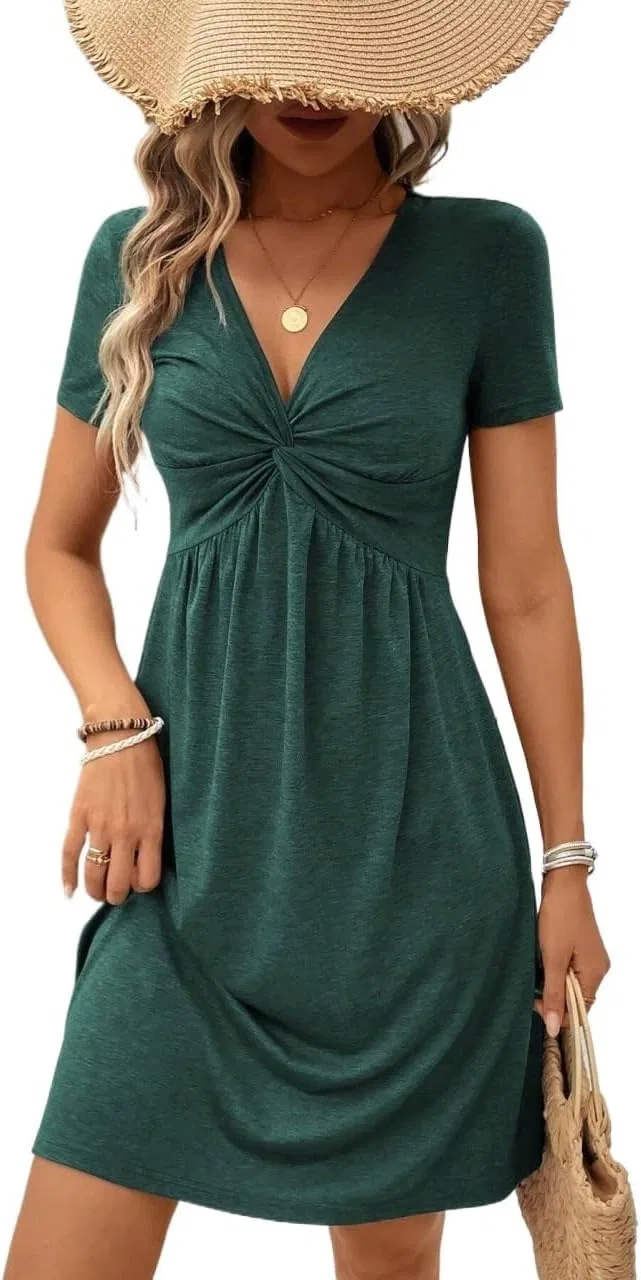 Женское A-силуэта платье с V-образным вырезом для пляжа, Dark Green