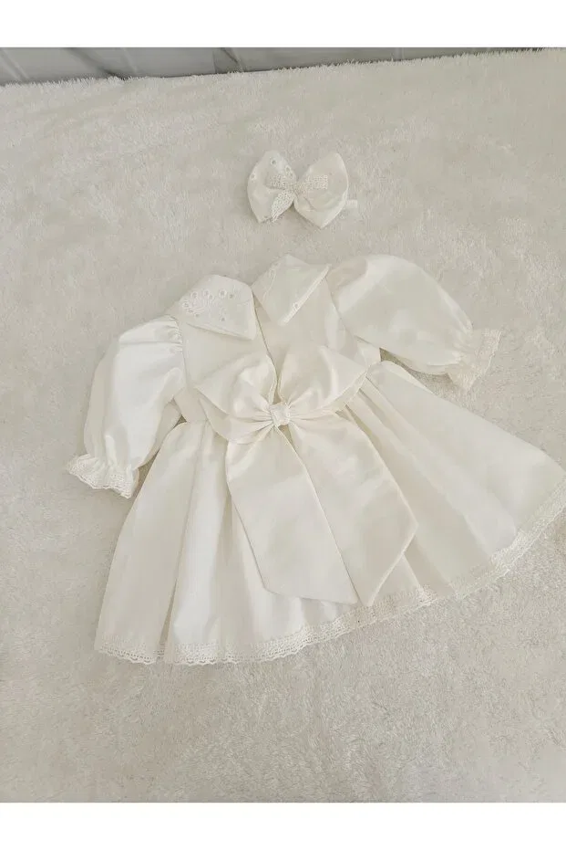 Детское платье для девочек с длинным рукавом Lace-Up Fitted Collar Dress Elwirababyboutiqe, Ecru — фото 2