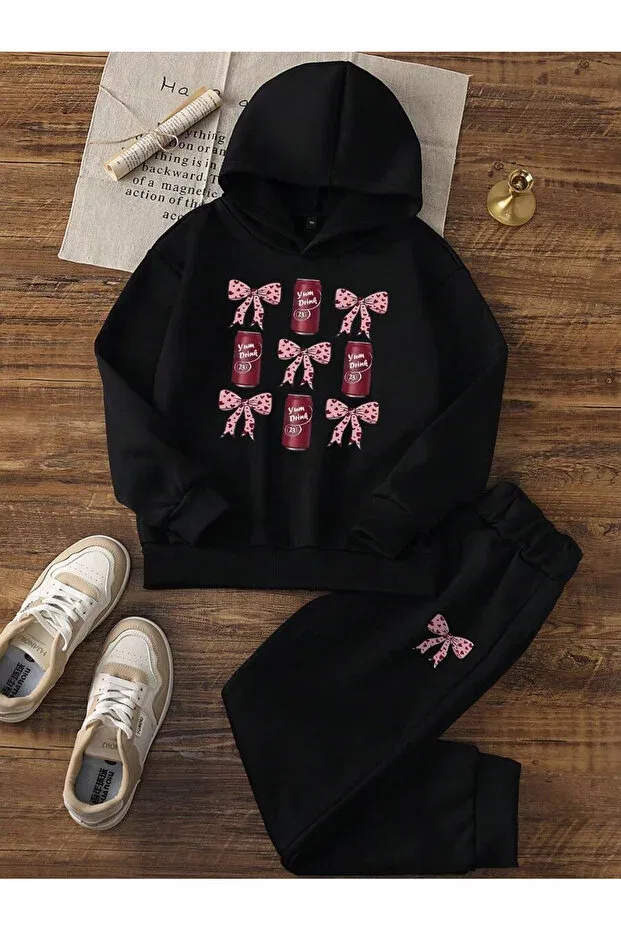 Детский комплект спортивного костюма для девочек с принтом Cool Girl Hooded Combination Svart Wear, Black — фото 3