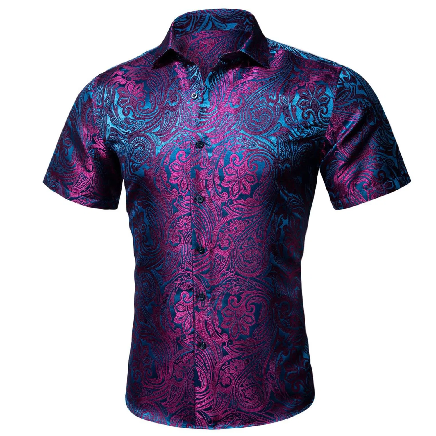 Мужская рубашка с коротким рукавом с принтом Paisley Shiny Satin Baroque Design, Navy Blue — фото 4