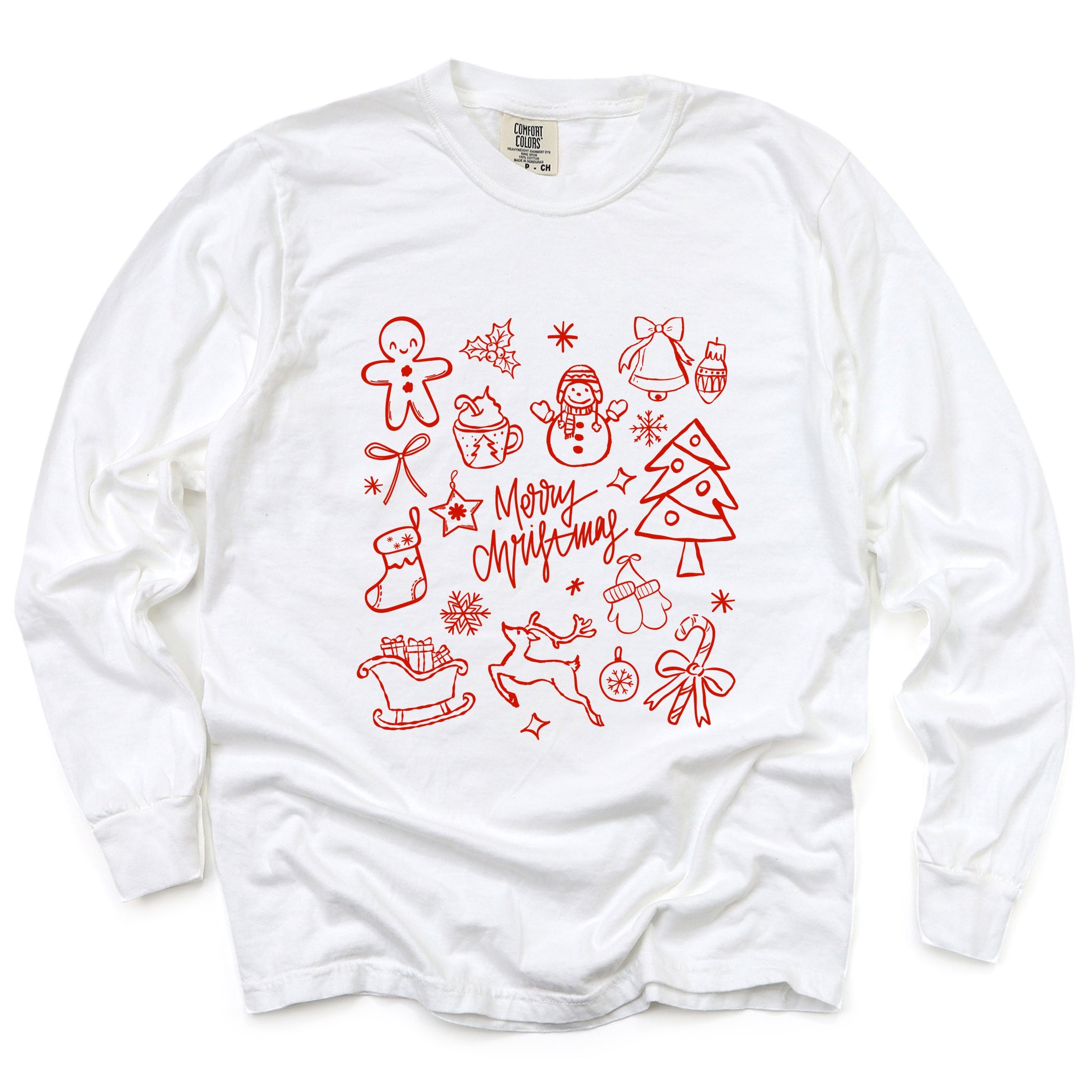 

Счастливого Рождества, нарисованные значки - женская футболка с длинным рукавом, окрашенная в технике крашения Simply Sage Market, белый