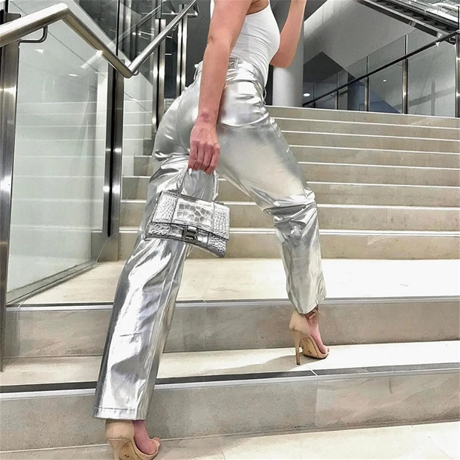 Generic Брюки прямого кроя Silver Metallic для женщин на высокой талии с застежкой на пуговицы, длинные брюки из искрящейся PU-кожи — фото 3