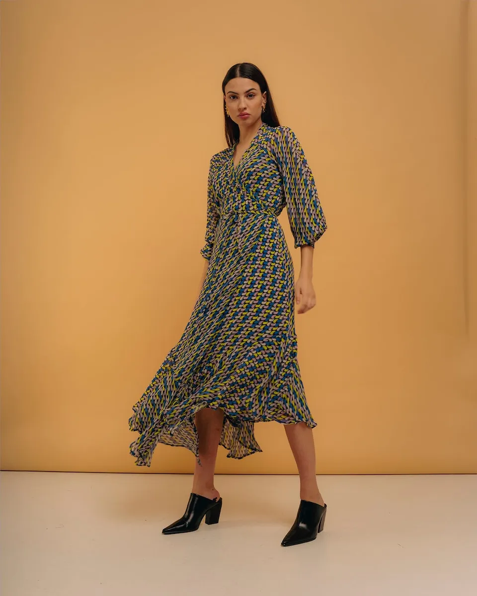 

Платье миди с запахом и длинными рукавами, отделанными манжетами Niza, мультиколор