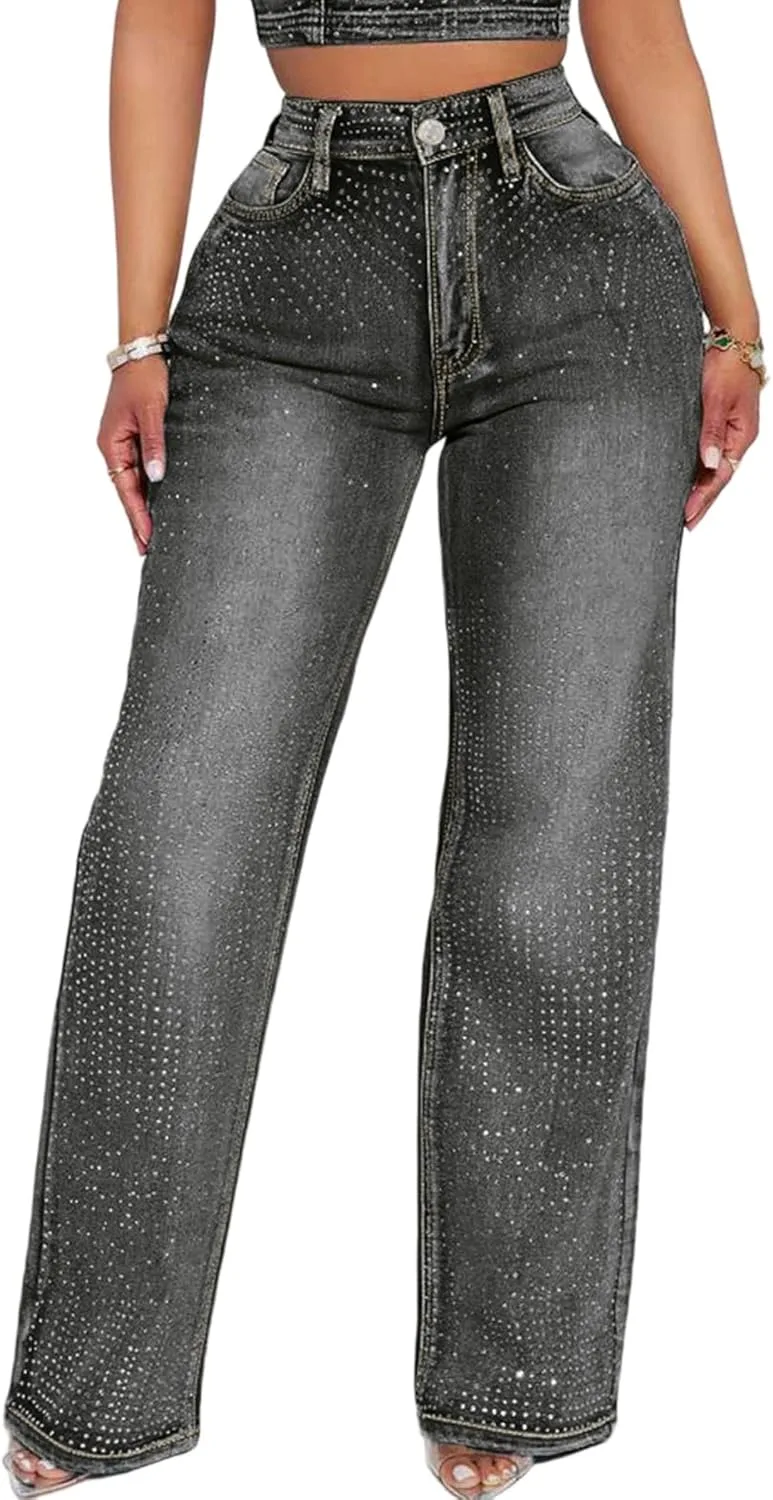 

Женские джинсы с пайетками High Waist Straight Wide Leg Quzzion