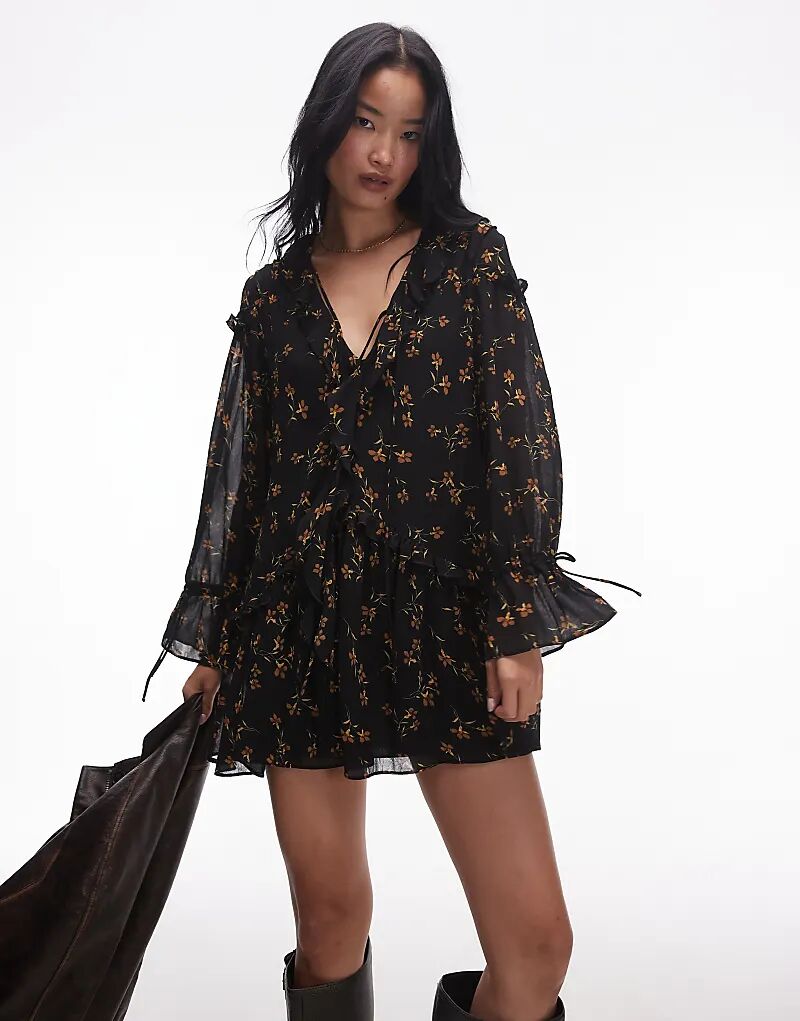 

Мини-платье с рукавами-поэтами и оборками в цветочный принт Topshop