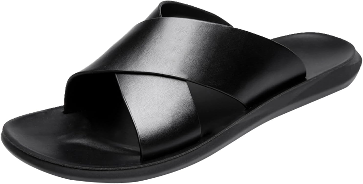 

Мужские кожаные сандалии EGGDK с перекрестными ремешками, противоскользящие пляжные шлепанцы - легкие повседневные летние плоские тапочки для бассейна, путешествий и ношения дома и на улице, черный