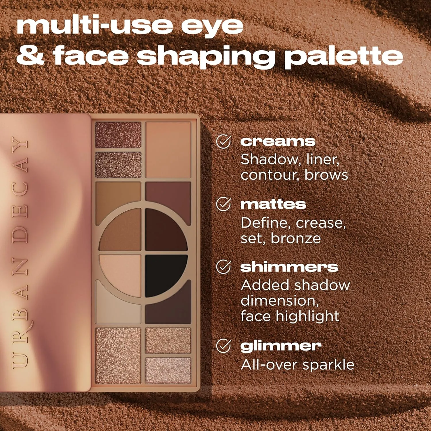 Urban Decay Naked Shaped Multi-Use Eyeshadow Palette - нейтральная палитра для глаз и лица, 14 стойких оттенков, до 16 часов носки, кремовые и рассыпчатые текстуры, шиммерные хайлайтеры, Warm Palette — фото 4