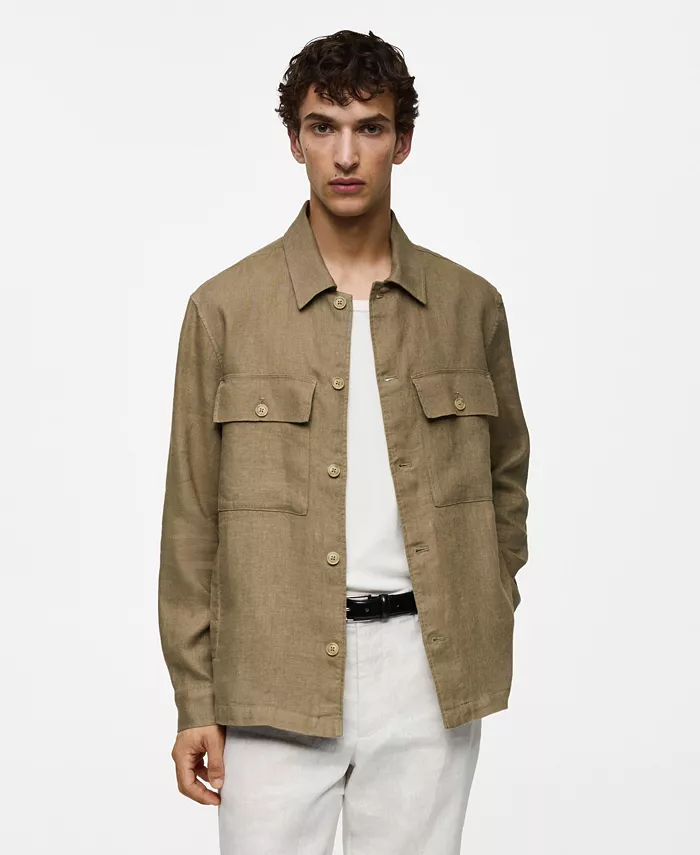 

Мужская льняная рубашка с деталями карманов Overshirt MANGO, коричневый/бежевый