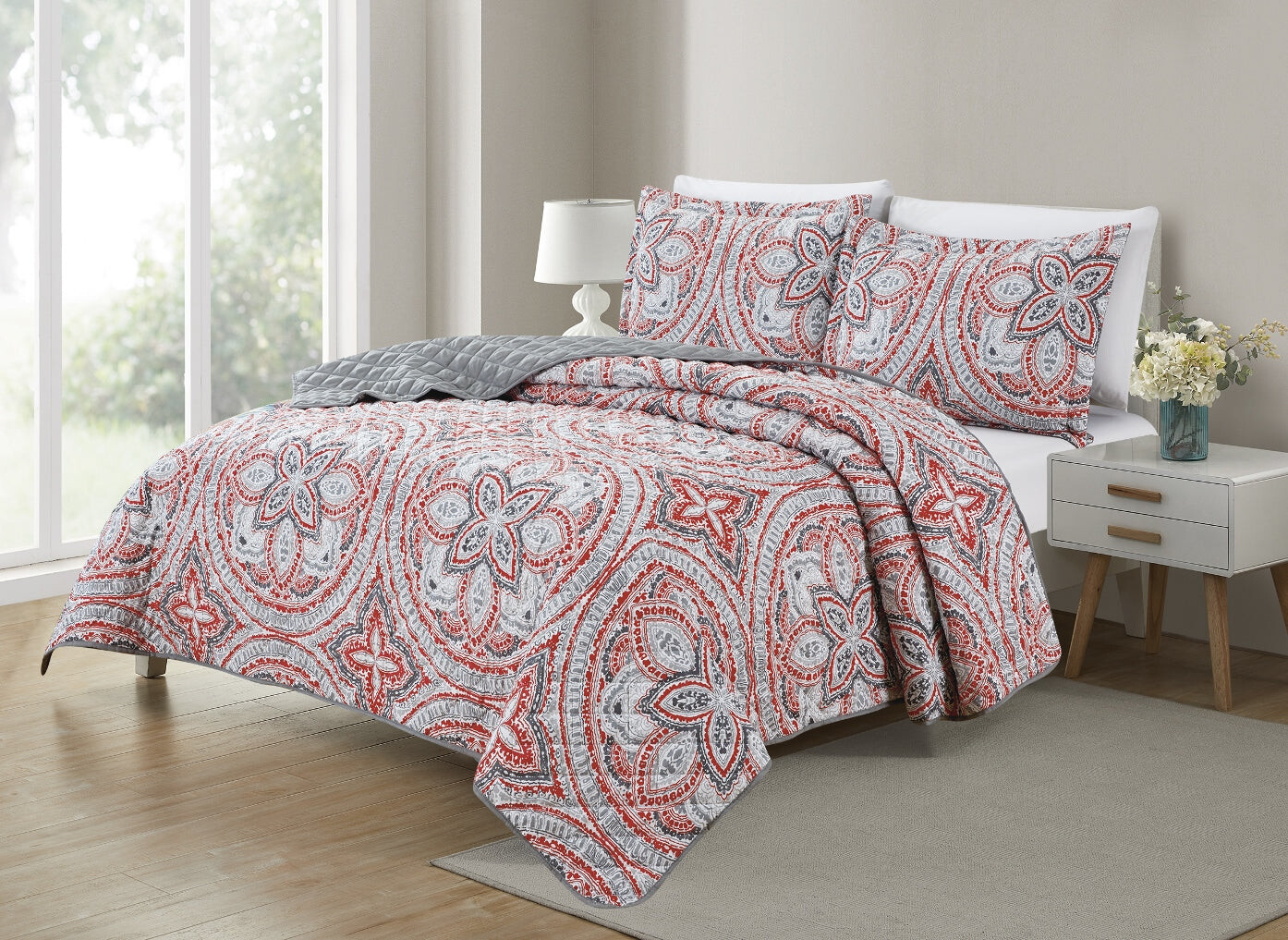 

Комплект двусторонних одеял Bibb Home из 3 предметов с принтом, цвет Gray Red Floral