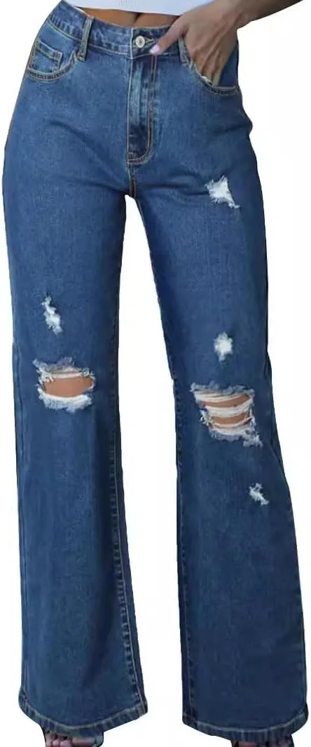 

Женские джинсы с прямыми штанинами, рваными деталями и высокой талией