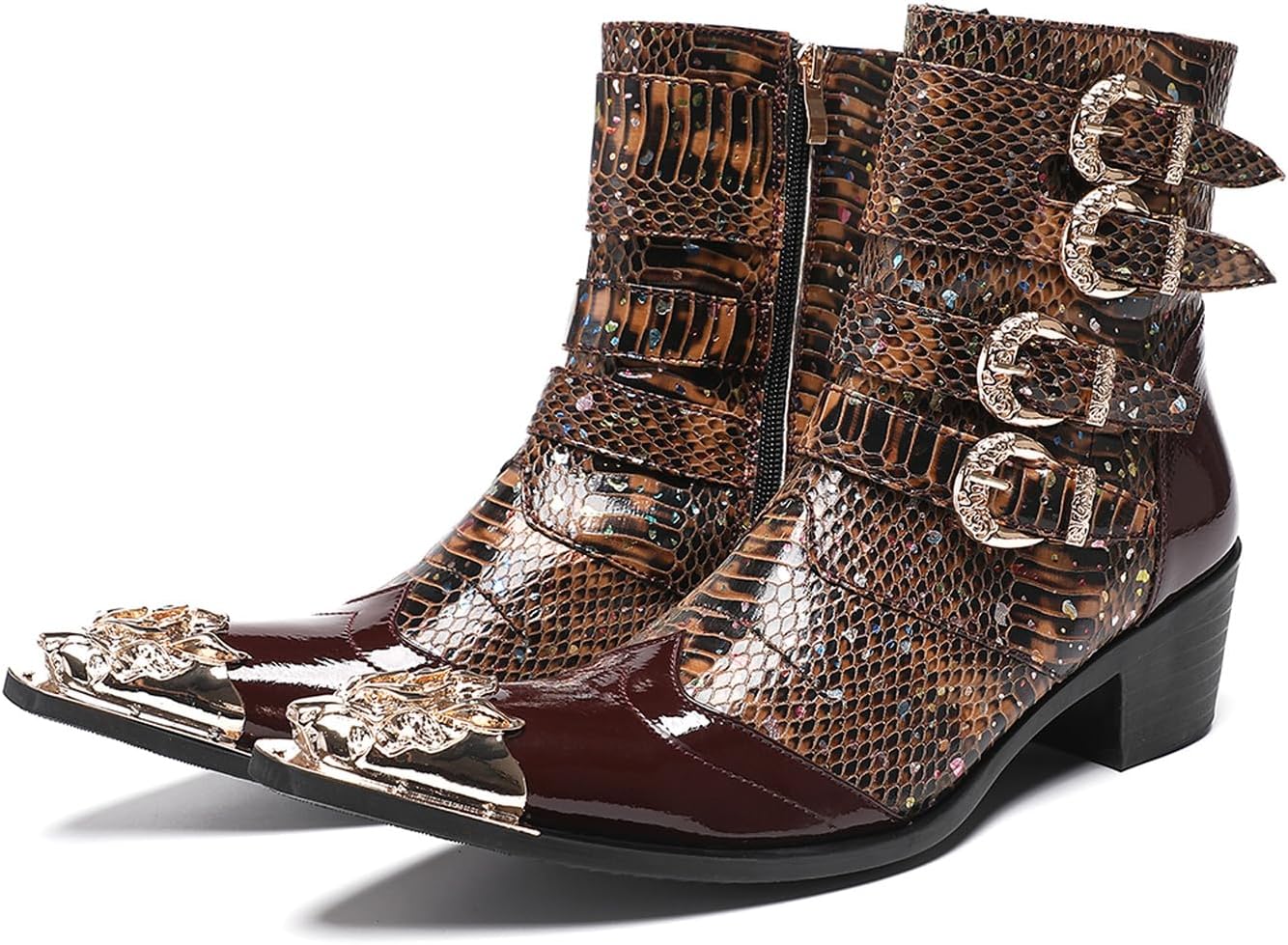 

Мужские ботинки Santimon с принтом змеи, ковбойские с западными пряжками - настоящая кожаная панк-рок обувь с драконьим квадратным носком, боковой молнией для вечеринок, сцены и бара, коричневый