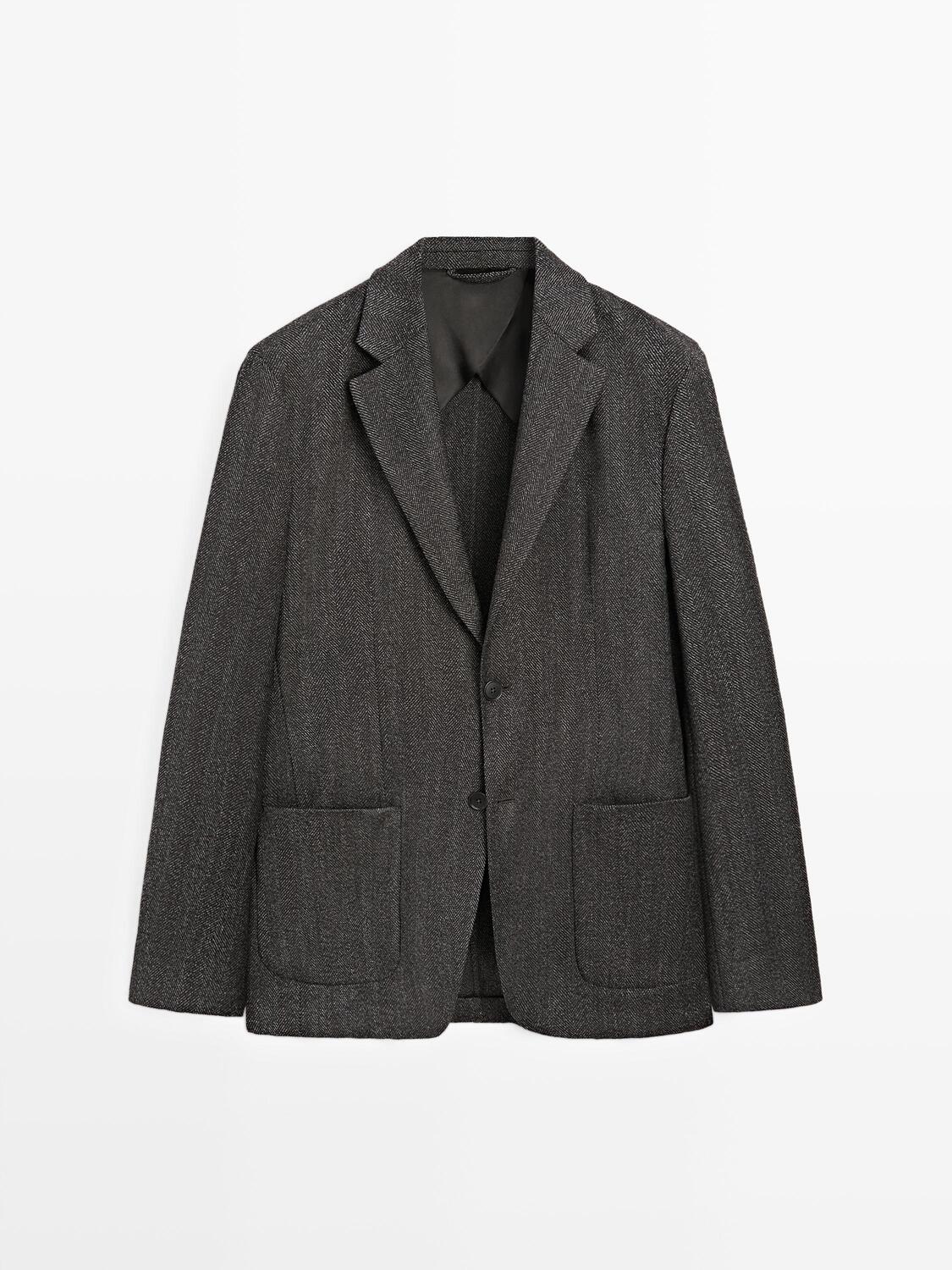 Блейзер из смесовой шерсти с узором «елочка» Massimo Dutti, charcoal — фото 2