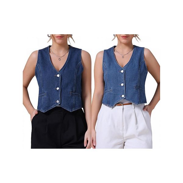 

2 упаковки женских джинсовых жилетов без рукавов с v-образным вырезом и застежкой на пуговицы Inspire Chic, Blue Dark Blue