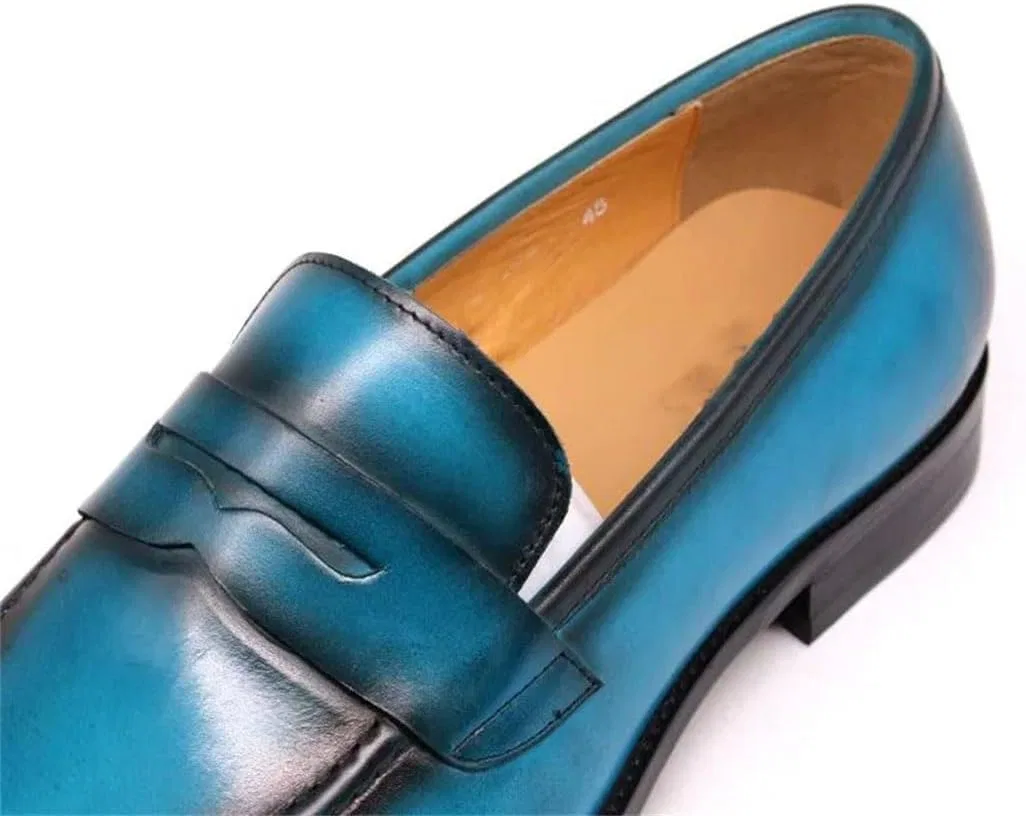 Лоферы кожаные, ручная роспись, Men Winter Loafers, Голубое небо — фото 3
