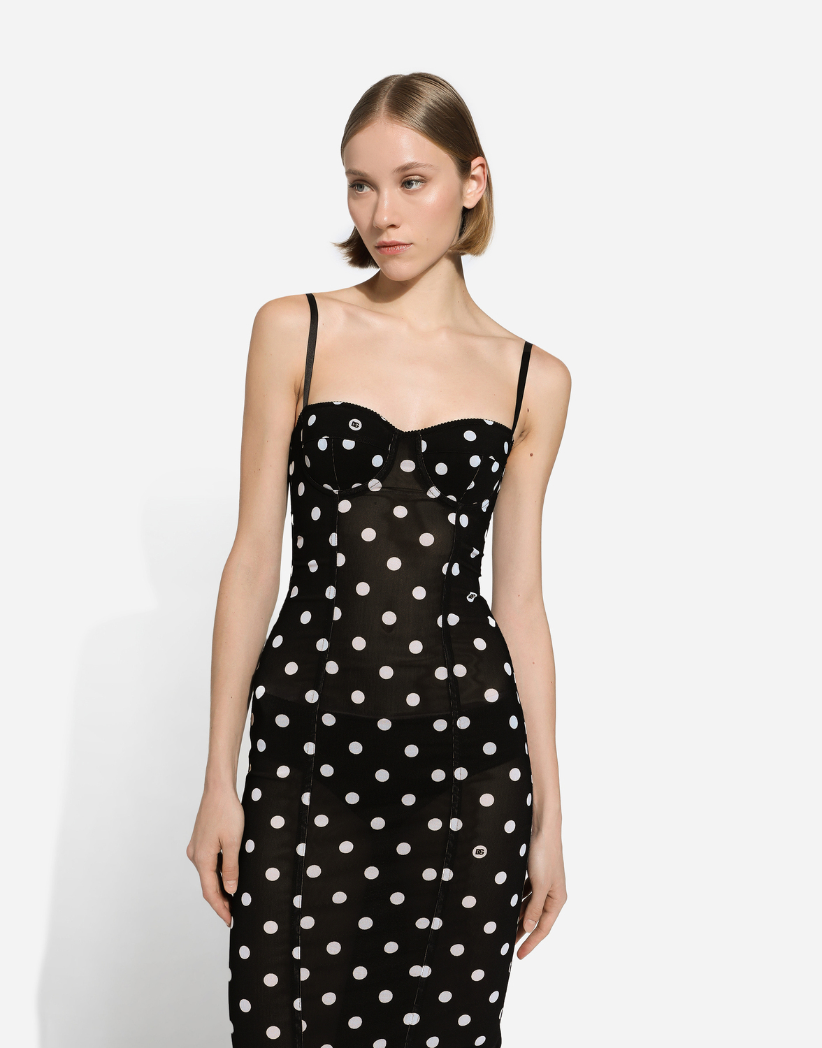 Приталенное платье из маркесета в горох с корсетными деталями Dolce & Gabbana, принт — фото 4