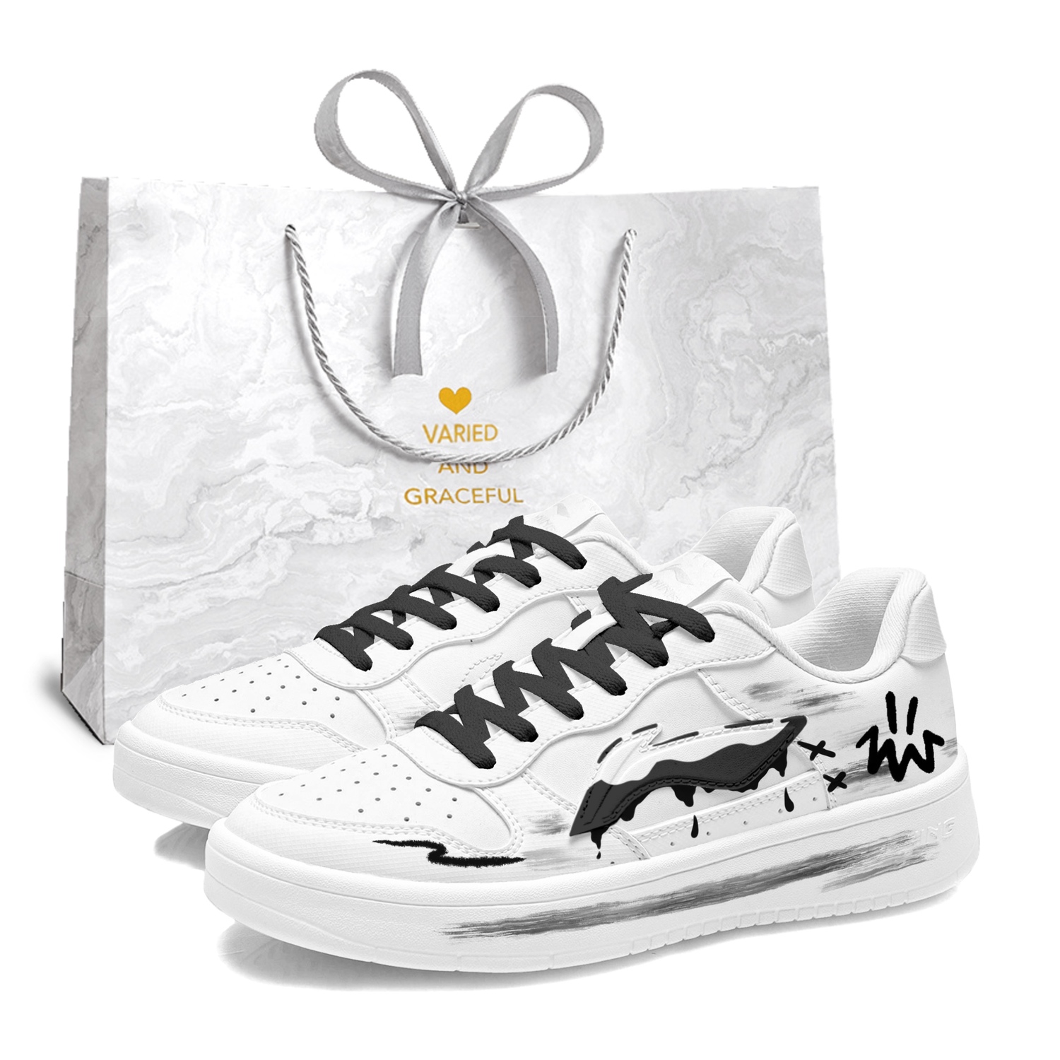 

LINING Понтонные лодки нескользящие, устойчивые к истиранию, дышащие лоу-топ скейтборд кроссовки мужские Black White