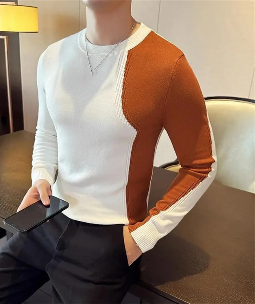 Мужской свитер с длинным рукавом и цветным пэчворком — Slim Fit O-Neck Pullover — фото 3