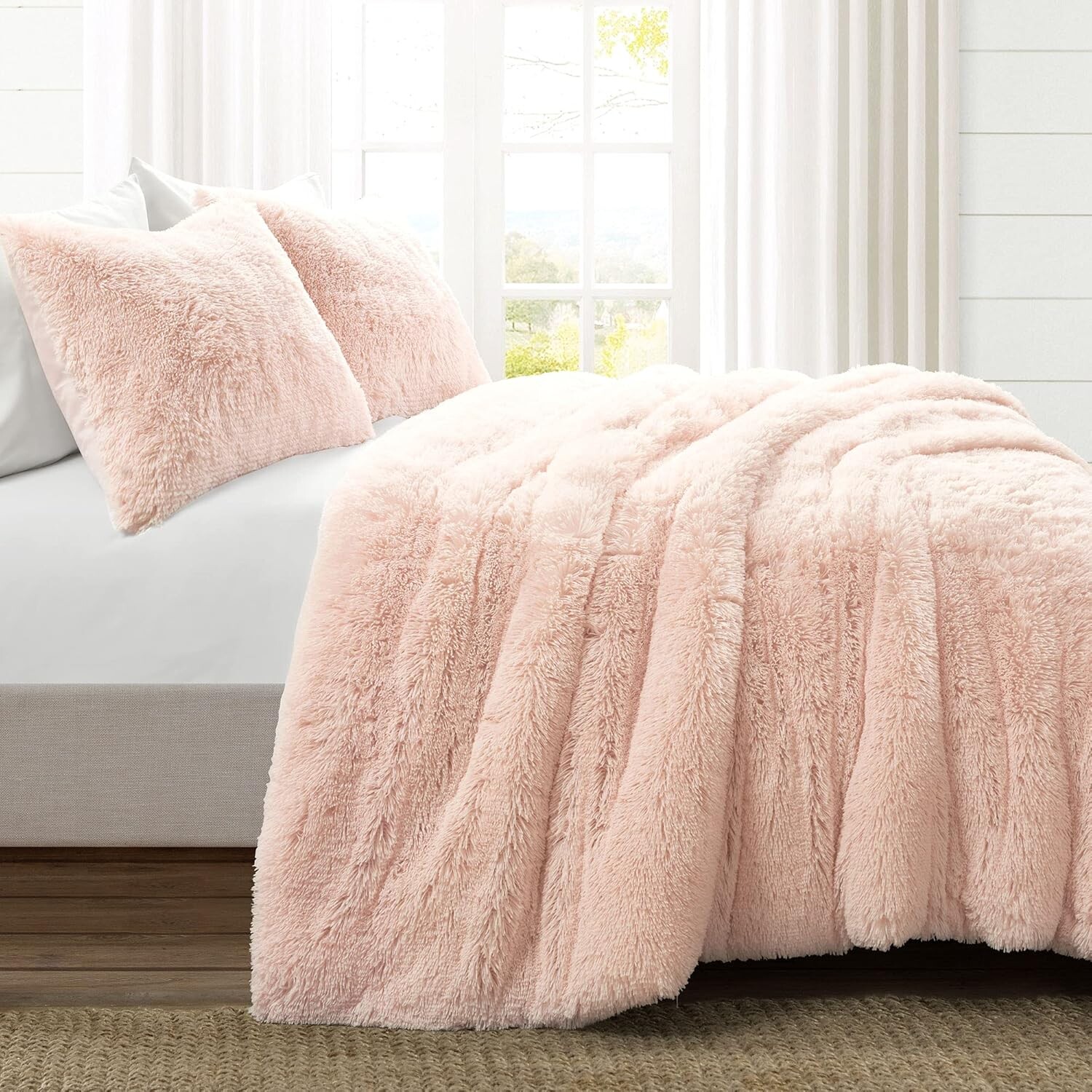 

Lush Decor Emma Мягкий пушистый искусственный мех для детей, большой комплект одеял для общежития колледжа, полный / королевский, румяный - теплый милый плюшевый комплект из 3 предметов розового постельного белья, Blush