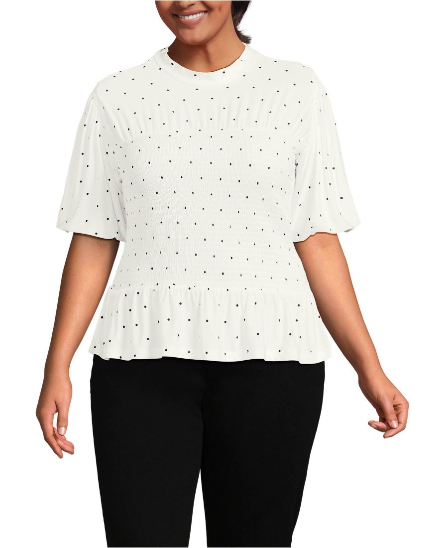 

Топ большого размера из шелковистого трикотажа с рукавами-пузырями, сборками и воротником-стойкой, с объемным низом Lands' End, Ivory/black dot