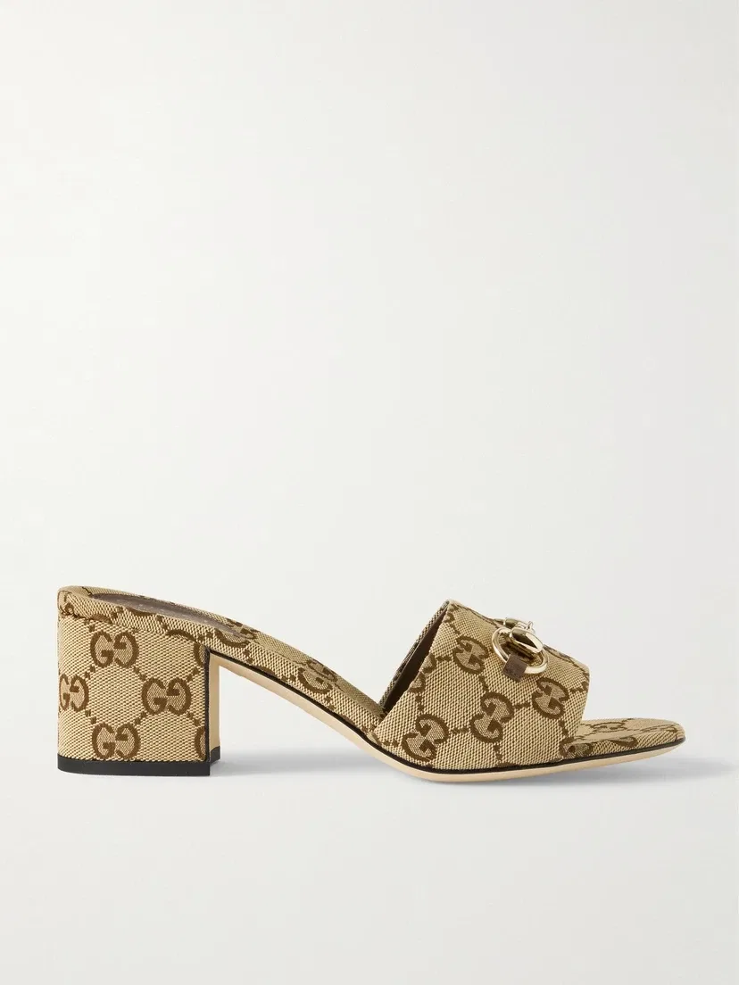 Мюли из жаккардового полотна с декором Horsebit GUCCI, коричневый