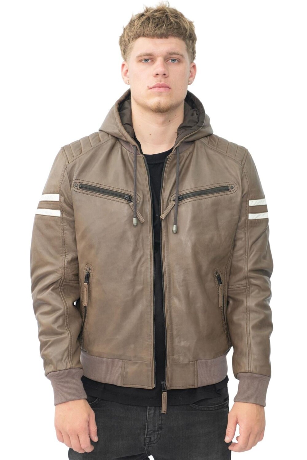 

Кожаный бомбер в стиле ретро с капюшоном для скопье Infinity Leather, коричневый