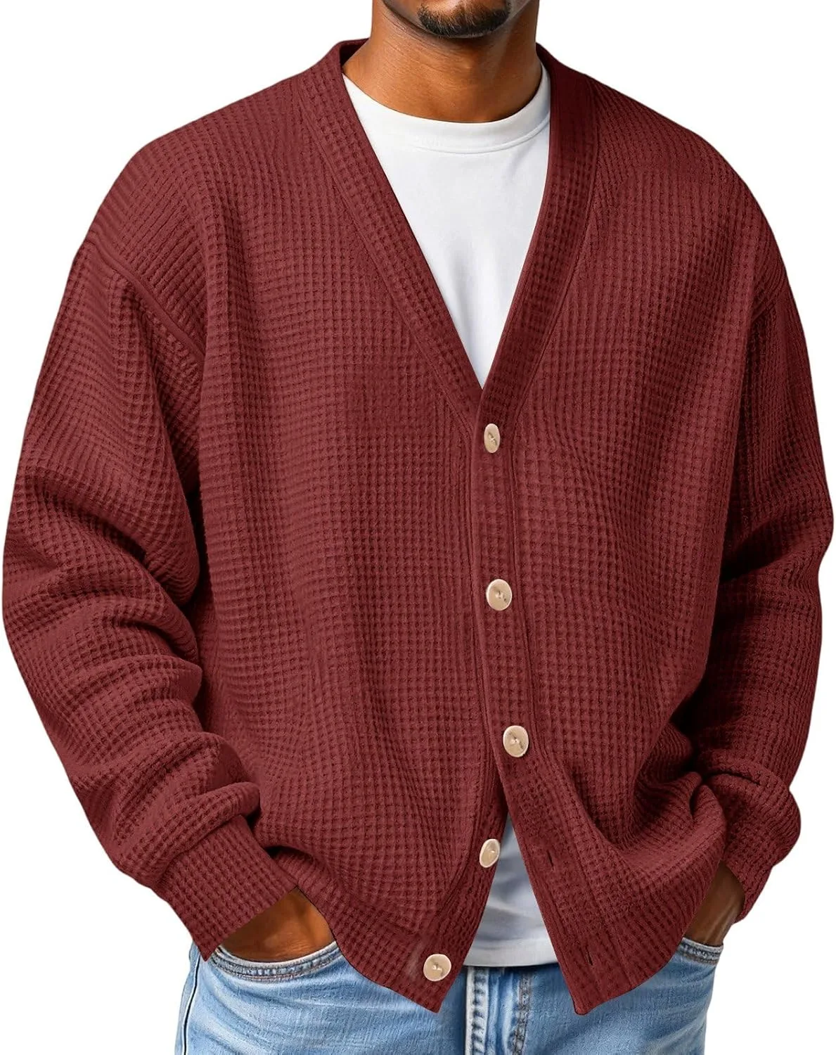 

Мужской кардиган Waffle с длинными рукавами и V-образным вырезом OKDNAJDD