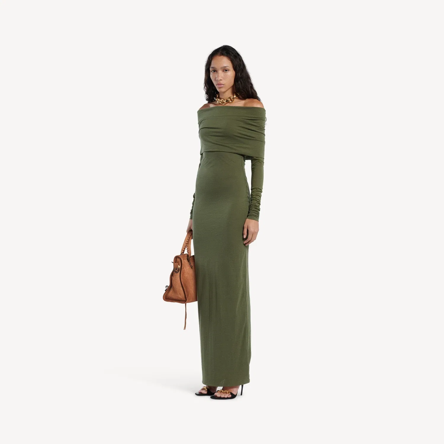 Женское платье с длинным рукавом и открытыми плечами цвета Military Green Balenciaga, хаки — фото 2