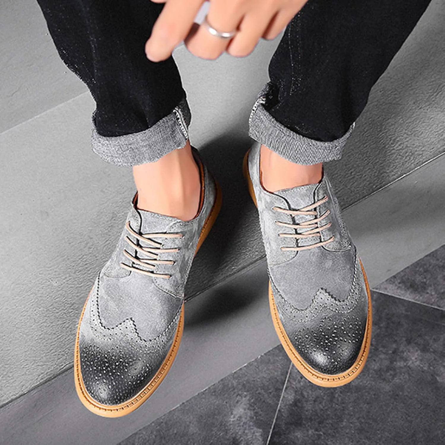 

Мужские оксфорды с крыльями Brogue из замшевой кожи, модные туфли с резным рисунком, округлый носок, шнуровка, низкие деловые и повседневные туфли Derby GLBDU, серый