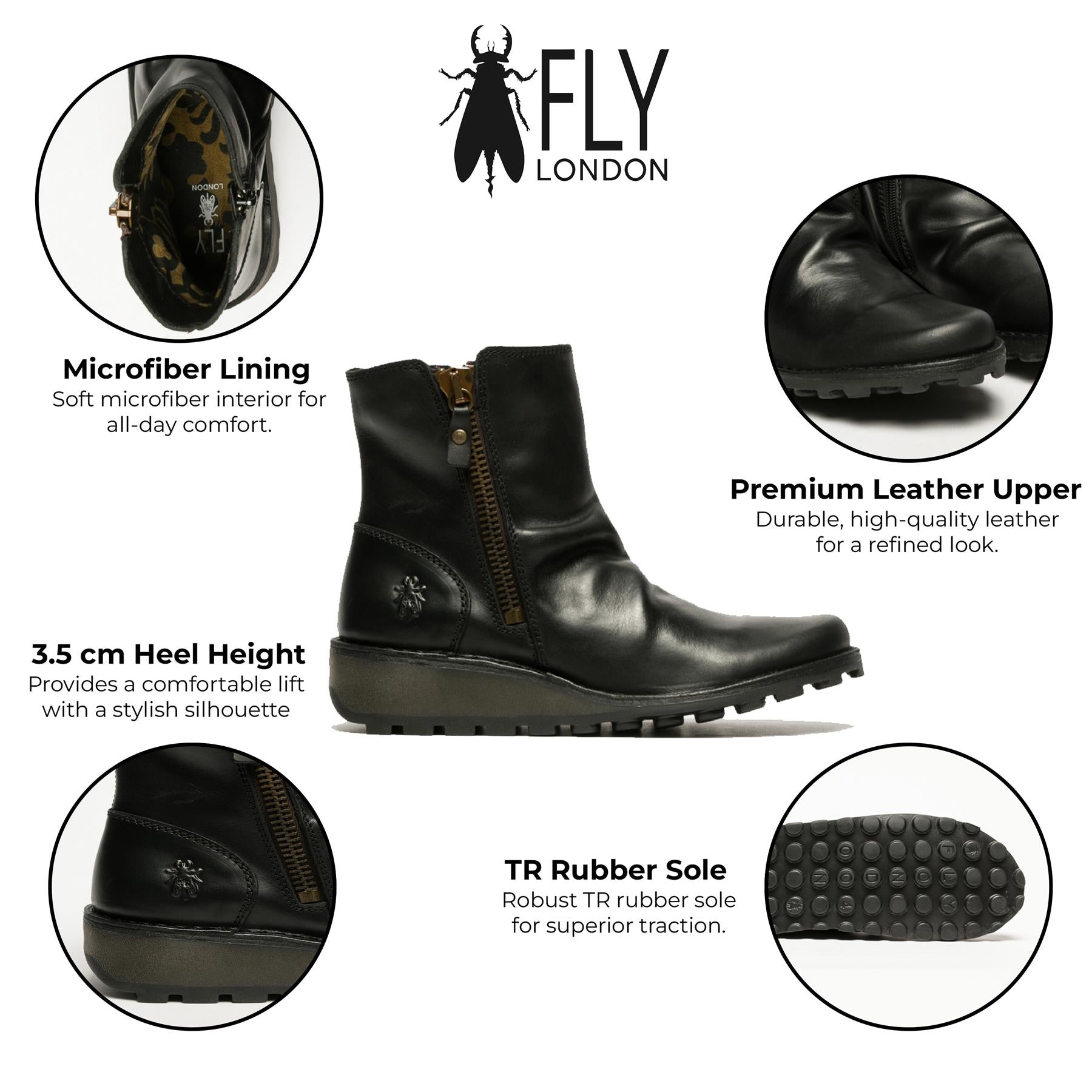 Женские кожаные ботинки Fly London MON944 на платформе с молнией спереди в стиле челси, черные — фото 2