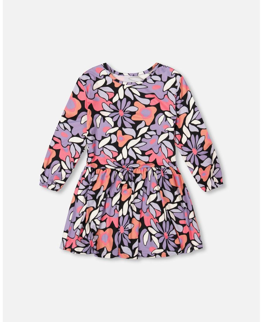 

Детское трикотажное платье, черное, в стиле ретро с цветочным принтом Deux par Deux, Black retro flower print