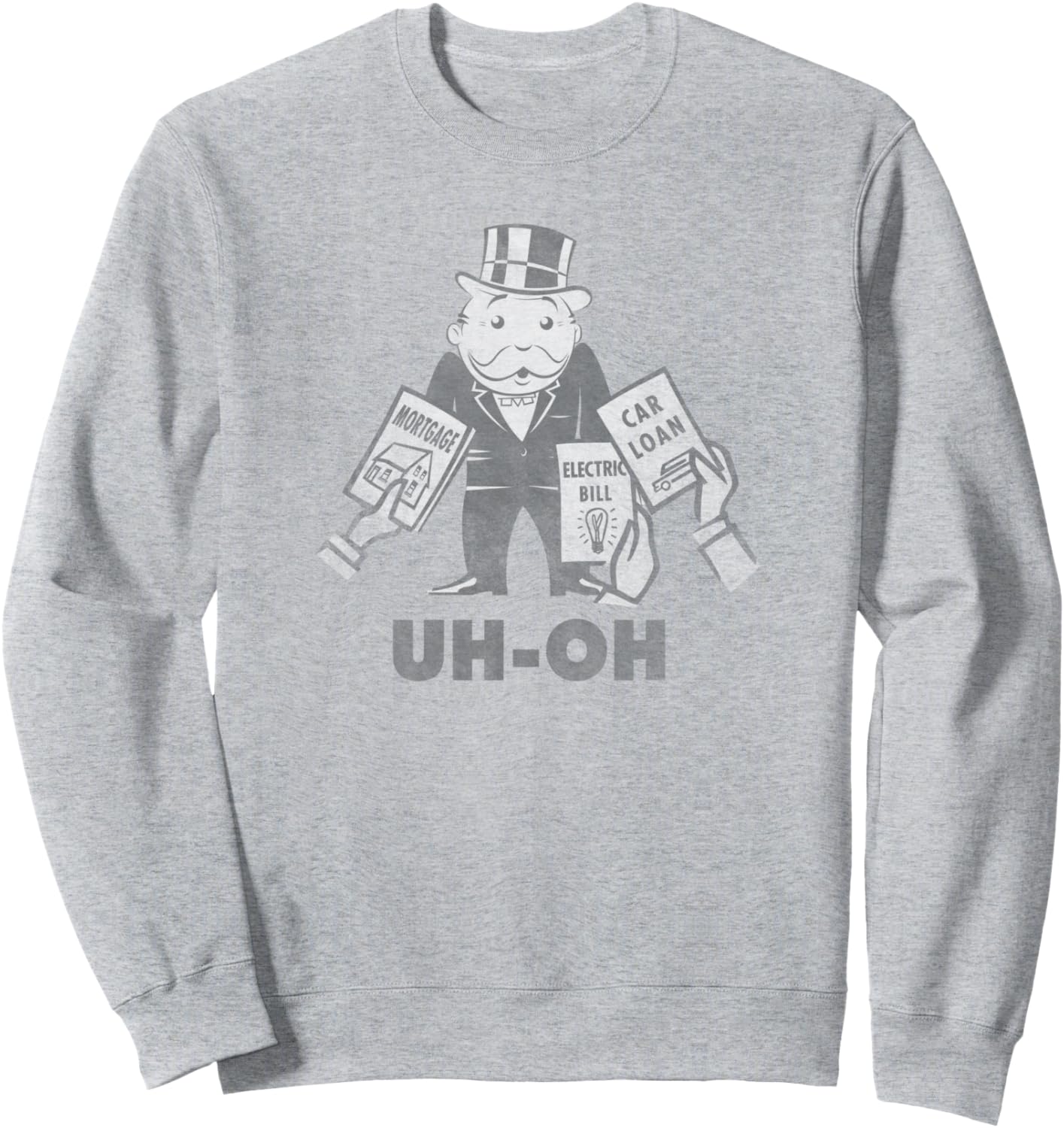 

Монополия. Ой-ой, мистер Монополия. Перегружен счетами. Потрепанная толстовка Monopoly, серый