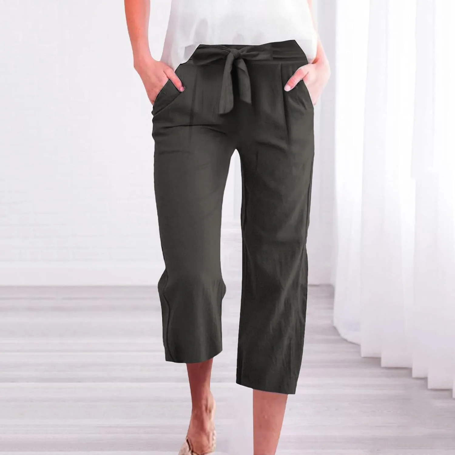 Льняные капри для женщин с поясом и эластичной талией Plus Size — фото 2
