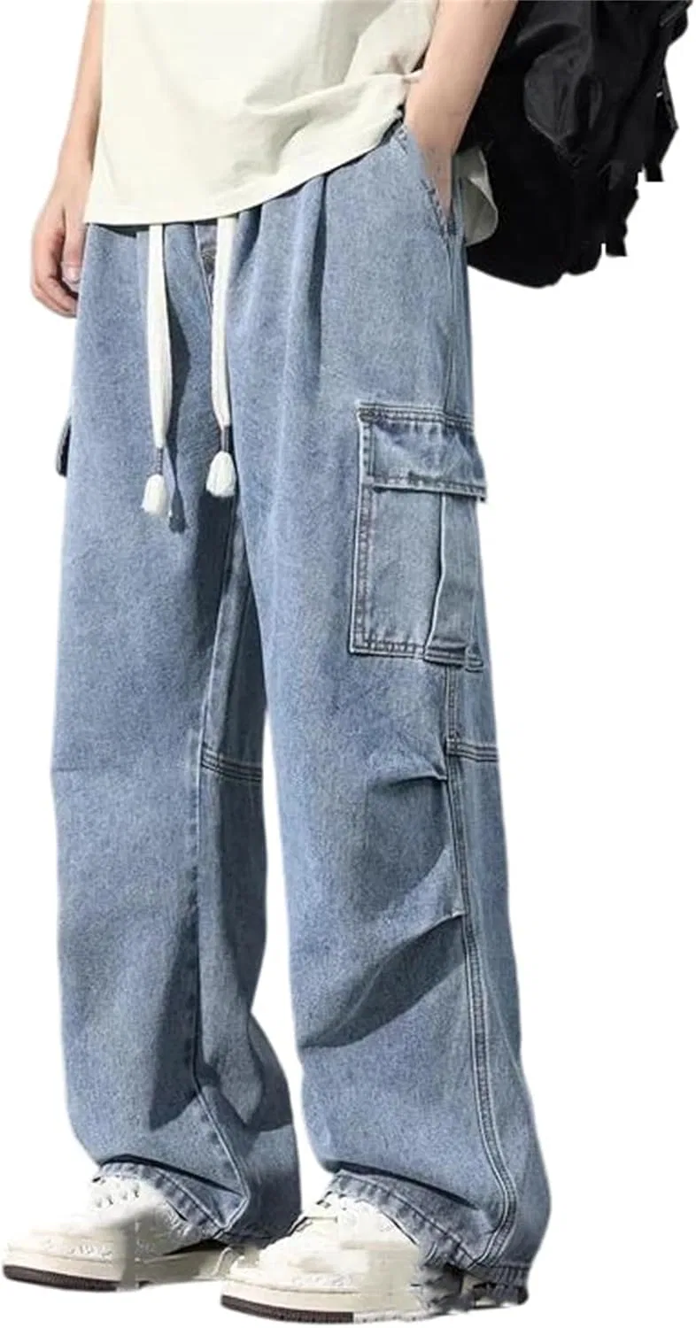 Джинсы свободные Men's Large Pocket Baggy Jeans Classic Straight Denim Trousers with Streetwear Elastic Waist, синие