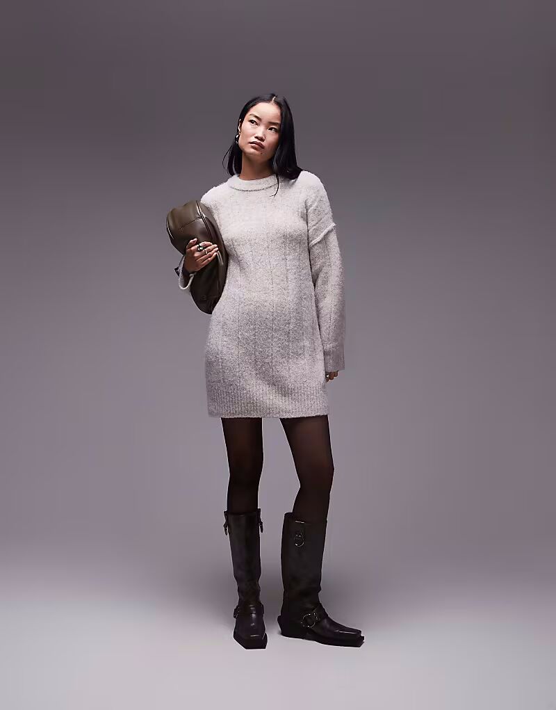 

Вязаный объемный джемпер Topshop с пушистой отделкой в рубчик, овсяного цвета