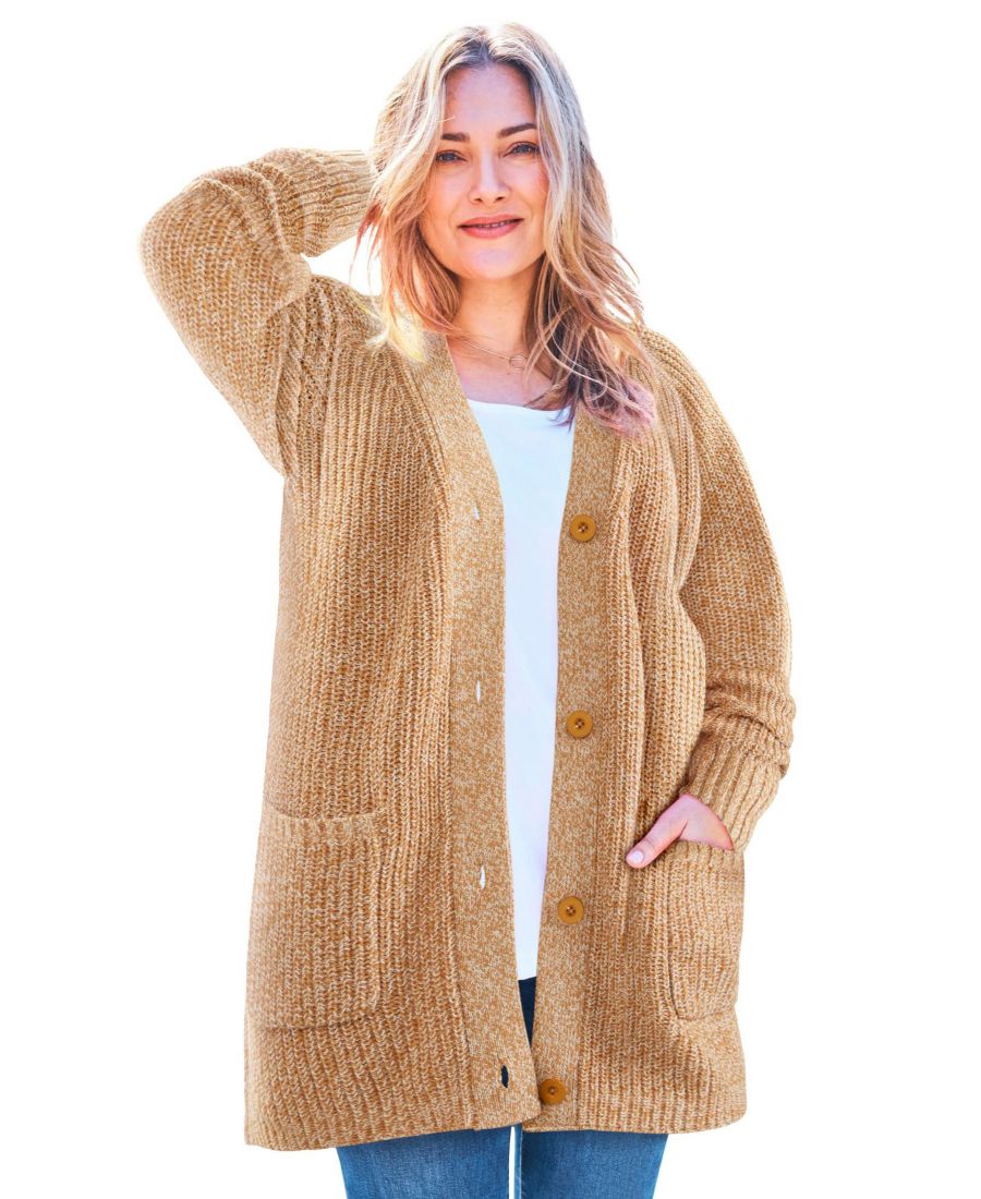 

Кардиган-шейкер на пуговицах большого размера Woman Within, Soft camel ivory marled