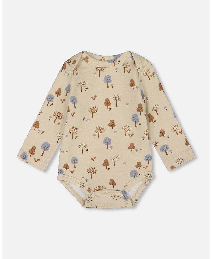 

Детский хлопковый комбинезончик для мальчика, бежевый, с принтом в виде деревьев Deux par Deux, Beige tree print