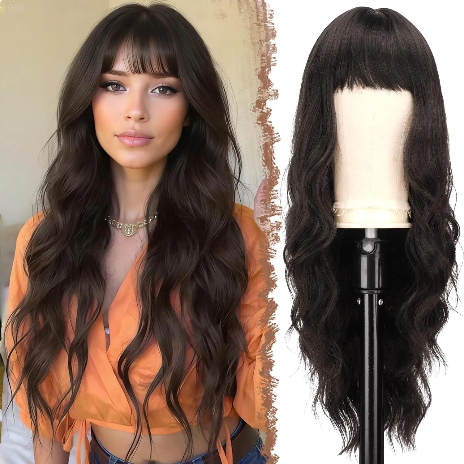 Женский длинный волнистый парик с челкой от FESHFEN Feshfen, Dark Brown