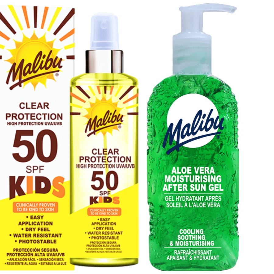 

Бесцветный спрей для детей Malibu SPF50 250 мл + Гель после загара с алоэ 200 мл