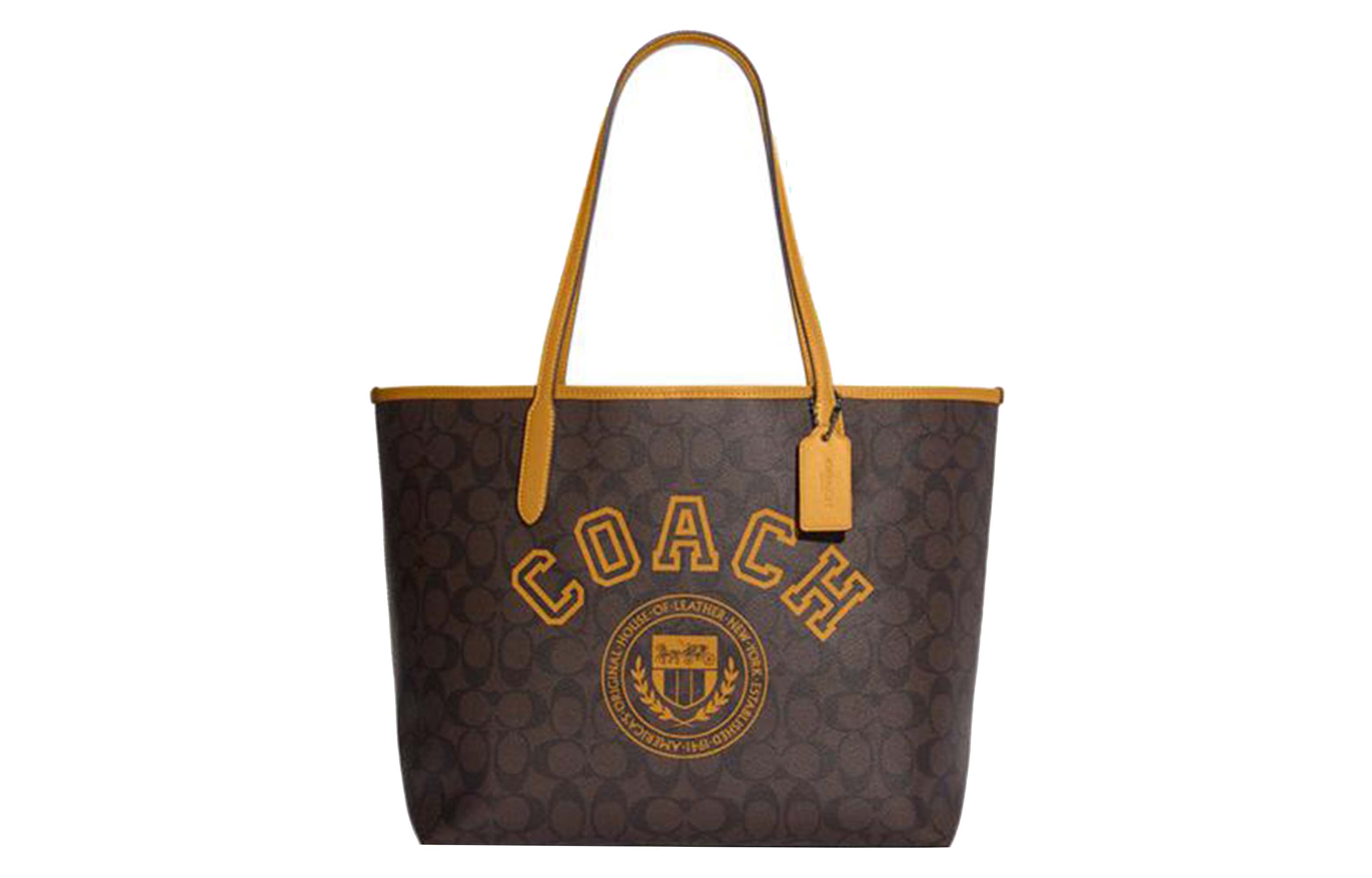 

COACH Городская искусственная кожаная сумка тоут шоппер через плечо женская большая коричневая с желтым