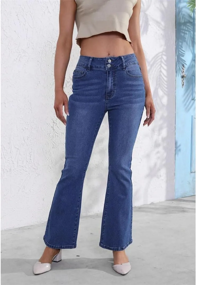 Generic Женские синие расклешенные джинсы Stretchy Slim Fit с двойной пуговицей и несколькими карманами — фото 4