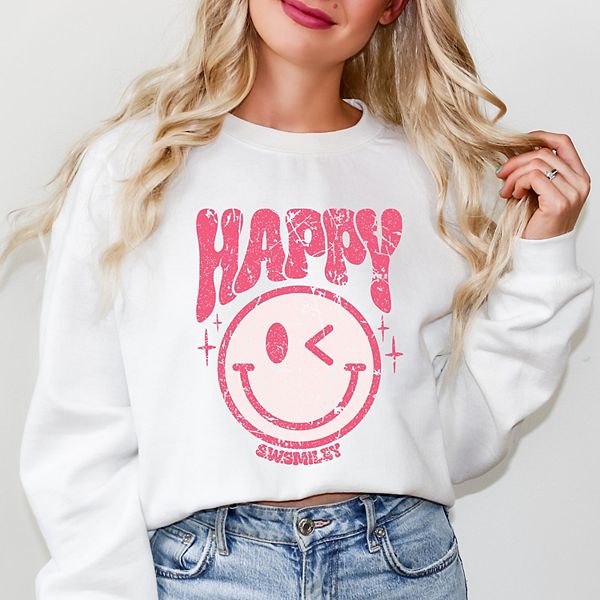 

SWSmiley pink smiley distressed - женский графический свитшот Simply Sage Market, White, Белый, SWSmiley pink smiley distressed - женский графический свитшот Simply Sage Market, White