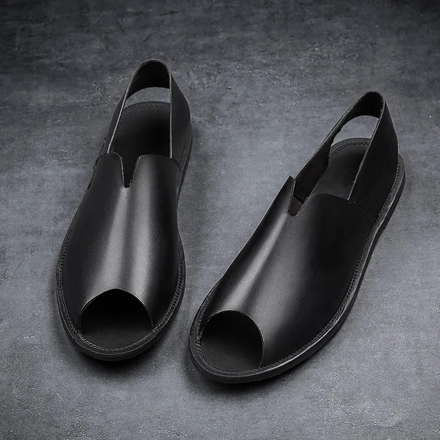 Men's Genuine Leather Fish Mouth Flat Slingback Fisherman Сандалии Fashion Casual Slip-On Round Peep Toe Roman Сандалии Comfortable Non-Slip Summer Outdoor Beach Walking Сандалии Shoes RYNKOMA, черный — фото 3