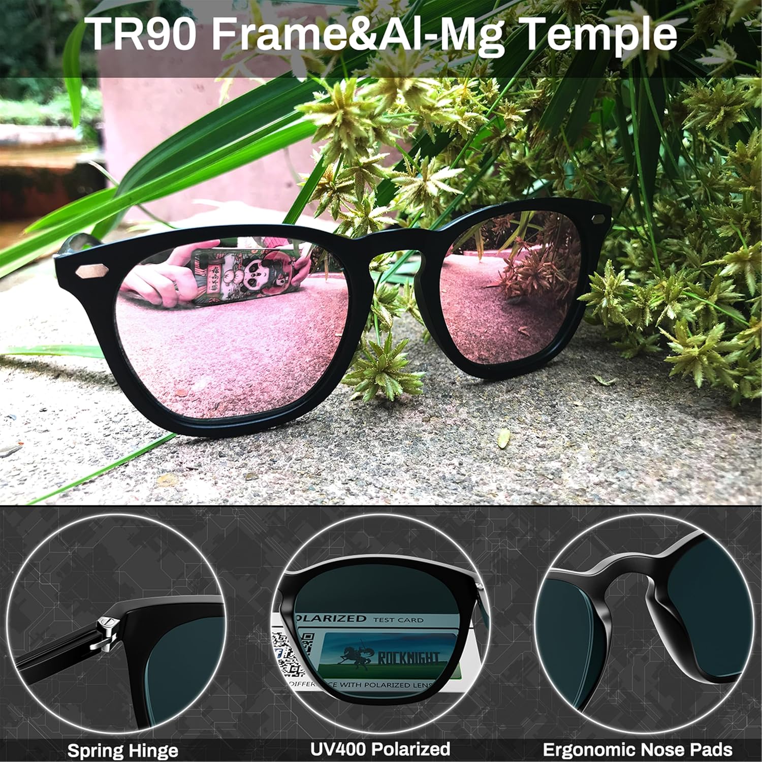 

Поляризованные солнцезащитные очки для вождения ROCKNIGHT с защитой UV400, легкая оправа из алюминия и магния, для активного отдыха и повседневной носки, Black Frame/Pink Purple Lens